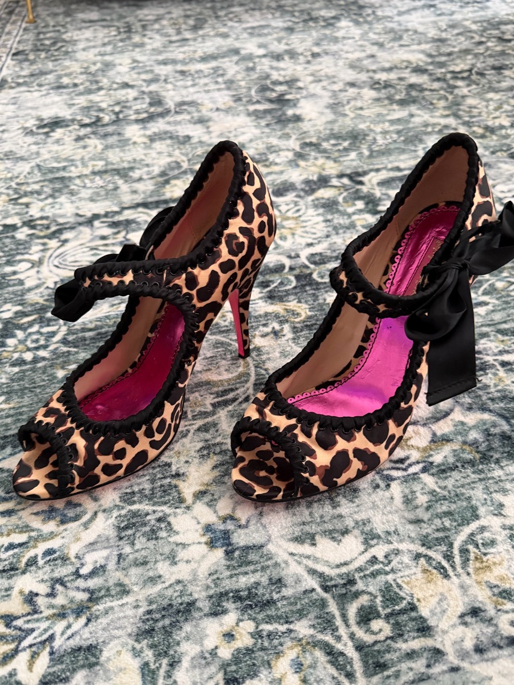 Betsey Johnson Leopard Print Peep-Toe High Heels with Bow - Size 10
